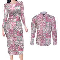 Mele Kalikimaka Hawaii Christmas Couples Matching Long Sleeve Bodycon Dress and Long Sleeve Button Shirt Akala Seamless Floral Motif - Polynesian Pride