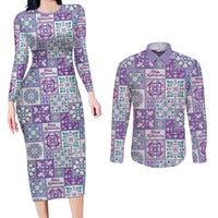 Mele Kalikimaka Hawaii Christmas Couples Matching Long Sleeve Bodycon Dress and Long Sleeve Button Shirt Poni Seamless Floral Motif - Polynesian Pride