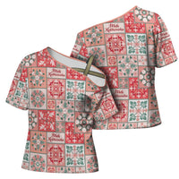 Mele Kalikimaka Hawaii Christmas Cross Shoulder Shirt Ulaula Seamless Floral Motif - Polynesian Pride