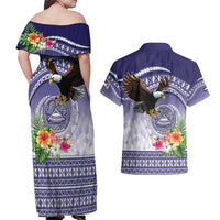 American Samoa Bald Eagle Couples Matching Off Shoulder Maxi Dress and Hawaiian Shirt Polynesian Tropical Flowers