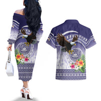 American Samoa Bald Eagle Couples Matching Off The Shoulder Long Sleeve Dress and Hawaiian Shirt Polynesian Tropical Flowers