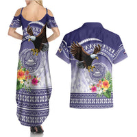 American Samoa Bald Eagle Couples Matching Summer Maxi Dress and Hawaiian Shirt Polynesian Tropical Flowers LT9 - Polynesian Pride