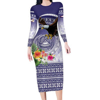 American Samoa Bald Eagle Long Sleeve Bodycon Dress Polynesian Tropical Flowers LT9 Long Dress Blue - Polynesian Pride