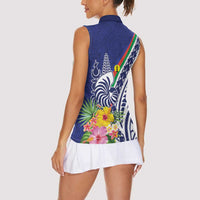 New Caledonia Kagu Bird Women Sleeveless Polo Shirt Polynesian Tropical Flowers
