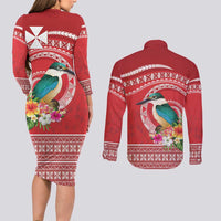 Wallis et Futuna Kingfisher Couples Matching Long Sleeve Bodycon Dress and Long Sleeve Button Shirt Polynesian Tropical Flowers