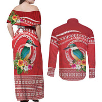 Wallis et Futuna Kingfisher Couples Matching Off Shoulder Maxi Dress and Long Sleeve Button Shirt Polynesian Tropical Flowers