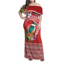 Wallis et Futuna Kingfisher Family Matching Off Shoulder Maxi Dress and Hawaiian Shirt Polynesian Tropical Flowers