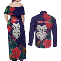Maori Wheku Meri Kirihimete Personalised Couples Matching Off Shoulder Maxi Dress and Long Sleeve Button Shirt All Blue Indigenous Maori Motif - Polynesian Pride