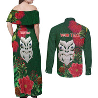 Maori Wheku Meri Kirihimete Personalised Couples Matching Off Shoulder Maxi Dress and Long Sleeve Button Shirt All Green Indigenous Maori Motif - Polynesian Pride