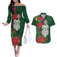 Maori Wheku Meri Kirihimete Personalised Couples Matching Off The Shoulder Long Sleeve Dress and Hawaiian Shirt All Green Indigenous Maori Motif - Polynesian Pride