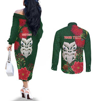 Maori Wheku Meri Kirihimete Personalised Couples Matching Off The Shoulder Long Sleeve Dress and Long Sleeve Button Shirt All Green Indigenous Maori Motif - Polynesian Pride