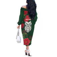 Maori Wheku Meri Kirihimete Personalised Off The Shoulder Long Sleeve Dress All Green Indigenous Maori Motif - Polynesian Pride