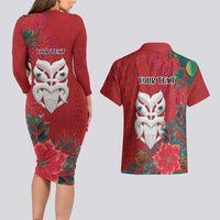 Maori Wheku Meri Kirihimete Personalised Couples Matching Long Sleeve Bodycon Dress and Hawaiian Shirt All Red Indigenous Maori Motif - Polynesian Pride
