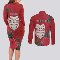 Maori Wheku Meri Kirihimete Personalised Couples Matching Long Sleeve Bodycon Dress and Long Sleeve Button Shirt All Red Indigenous Maori Motif - Polynesian Pride