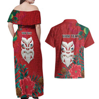 Maori Wheku Meri Kirihimete Personalised Couples Matching Off Shoulder Maxi Dress and Hawaiian Shirt All Red Indigenous Maori Motif - Polynesian Pride
