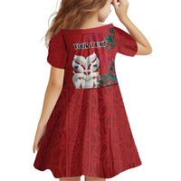 Maori Wheku Meri Kirihimete Personalised Kid Short Sleeve Dress All Red Indigenous Maori Motif - Polynesian Pride