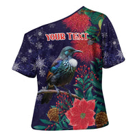 Tui Meri Kirihimete Personalised Cross Shoulder Shirt Pohutukawa Flowers Blue Motif - Polynesian Pride