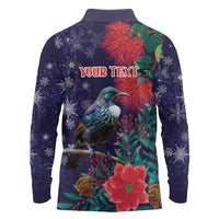 Tui Meri Kirihimete Personalised Long Sleeve Polo Shirt Pohutukawa Flowers Blue Motif - Polynesian Pride