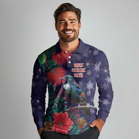Tui Meri Kirihimete Personalised Long Sleeve Polo Shirt Pohutukawa Flowers Blue Motif - Polynesian Pride