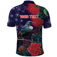 Tui Meri Kirihimete Personalised Polo Shirt Pohutukawa Flowers Blue Motif - Polynesian Pride