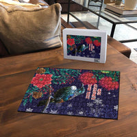 Tui Meri Kirihimete Personalised Puzzle Pohutukawa Flowers Blue Motif - Polynesian Pride