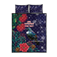 Tui Meri Kirihimete Personalised Quilt Bed Set Pohutukawa Flowers Blue Motif - Polynesian Pride