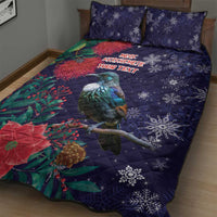 Tui Meri Kirihimete Personalised Quilt Bed Set Pohutukawa Flowers Blue Motif - Polynesian Pride
