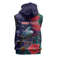 Tui Meri Kirihimete Personalised Sleeveless Hoodie Pohutukawa Flowers Blue Motif - Polynesian Pride