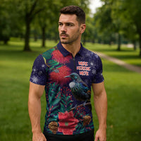 Tui Meri Kirihimete Personalised Zipper Polo Shirt Pohutukawa Flowers Blue Motif - Polynesian Pride