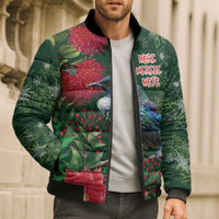 Tui Meri Kirihimete Personalised Bomber Puffer Jacket Pohutukawa Flowers Green Motif - Polynesian Pride