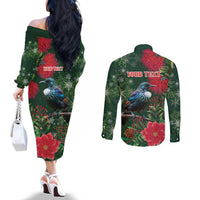Tui Meri Kirihimete Personalised Couples Matching Off The Shoulder Long Sleeve Dress and Long Sleeve Button Shirt Pohutukawa Flowers Green Motif - Polynesian Pride