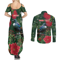 Tui Meri Kirihimete Personalised Couples Matching Summer Maxi Dress and Long Sleeve Button Shirt Pohutukawa Flowers Green Motif - Polynesian Pride