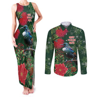 Tui Meri Kirihimete Personalised Couples Matching Tank Maxi Dress and Long Sleeve Button Shirt Pohutukawa Flowers Green Motif - Polynesian Pride