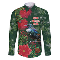Tui Meri Kirihimete Personalised Family Matching Off The Shoulder Long Sleeve Dress and Hawaiian Shirt Pohutukawa Flowers Green Motif - Polynesian Pride