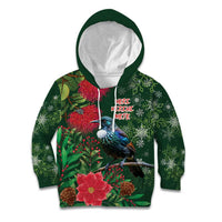 Tui Meri Kirihimete Personalised Kid Hoodie Pohutukawa Flowers Green Motif - Polynesian Pride