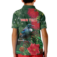 Tui Meri Kirihimete Personalised Kid Polo Shirt Pohutukawa Flowers Green Motif - Polynesian Pride