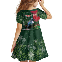 Tui Meri Kirihimete Personalised Kid Short Sleeve Dress Pohutukawa Flowers Green Motif - Polynesian Pride