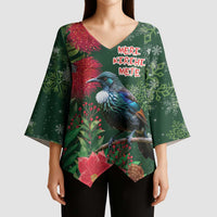 Tui Meri Kirihimete Personalised Kimono Sleeve Blouse Pohutukawa Flowers Green Motif - Polynesian Pride