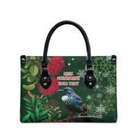 Tui Meri Kirihimete Personalised Leather Bag Pohutukawa Flowers Green Motif - Polynesian Pride