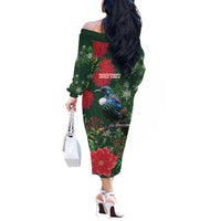 Tui Meri Kirihimete Personalised Off The Shoulder Long Sleeve Dress Pohutukawa Flowers Green Motif - Polynesian Pride