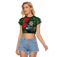 Tui Meri Kirihimete Personalised Raglan Cropped T Shirt Pohutukawa Flowers Green Motif - Polynesian Pride