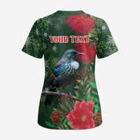 Tui Meri Kirihimete Personalised Scrub Top Pohutukawa Flowers Green Motif - Polynesian Pride