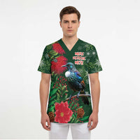 Tui Meri Kirihimete Personalised Scrub Top Pohutukawa Flowers Green Motif - Polynesian Pride