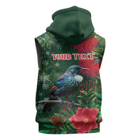 Tui Meri Kirihimete Personalised Sleeveless Hoodie Pohutukawa Flowers Green Motif - Polynesian Pride
