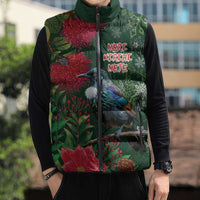 Tui Meri Kirihimete Personalised Sleeveless Puffer Jacket Pohutukawa Flowers Green Motif - Polynesian Pride