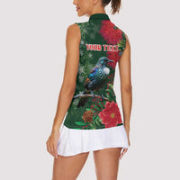 Tui Meri Kirihimete Personalised Women Sleeveless Polo Shirt Pohutukawa Flowers Green Motif - Polynesian Pride