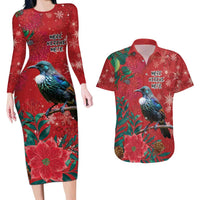 Tui Meri Kirihimete Personalised Couples Matching Long Sleeve Bodycon Dress and Hawaiian Shirt Pohutukawa Flowers Red Motif - Polynesian Pride