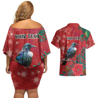 Tui Meri Kirihimete Personalised Couples Matching Off Shoulder Short Dress and Hawaiian Shirt Pohutukawa Flowers Red Motif - Polynesian Pride