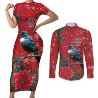 Tui Meri Kirihimete Personalised Couples Matching Short Sleeve Bodycon Dress and Long Sleeve Button Shirt Pohutukawa Flowers Red Motif - Polynesian Pride