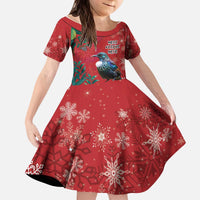 Tui Meri Kirihimete Personalised Kid Short Sleeve Dress Pohutukawa Flowers Red Motif - Polynesian Pride